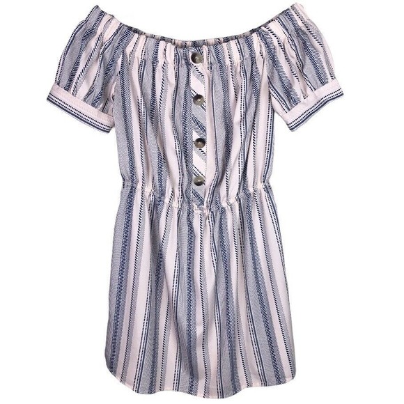 Blush Rose Pink Navy Blue Striped Off The Shoulder Blouson Mini Dress Size S - Picture 1 of 7